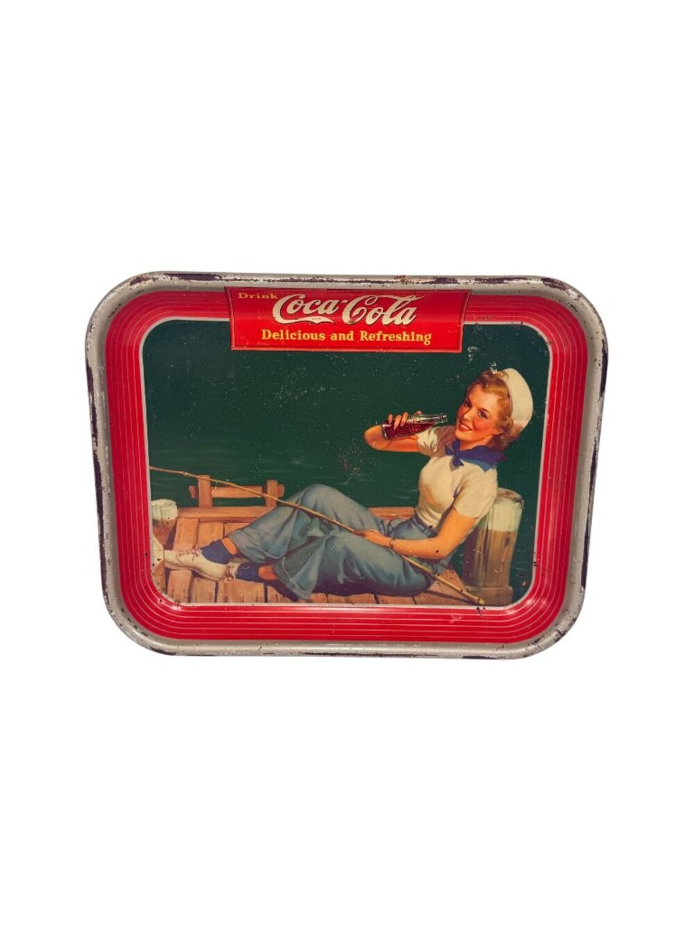 Vintage 1940 Coca-Cola Tin Tray Retro Sailor Fishing Girl Design 13" x 10.5"